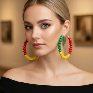 Rasta hoop earrings, African earrings with wooden beads, large hoop  7.5 cm